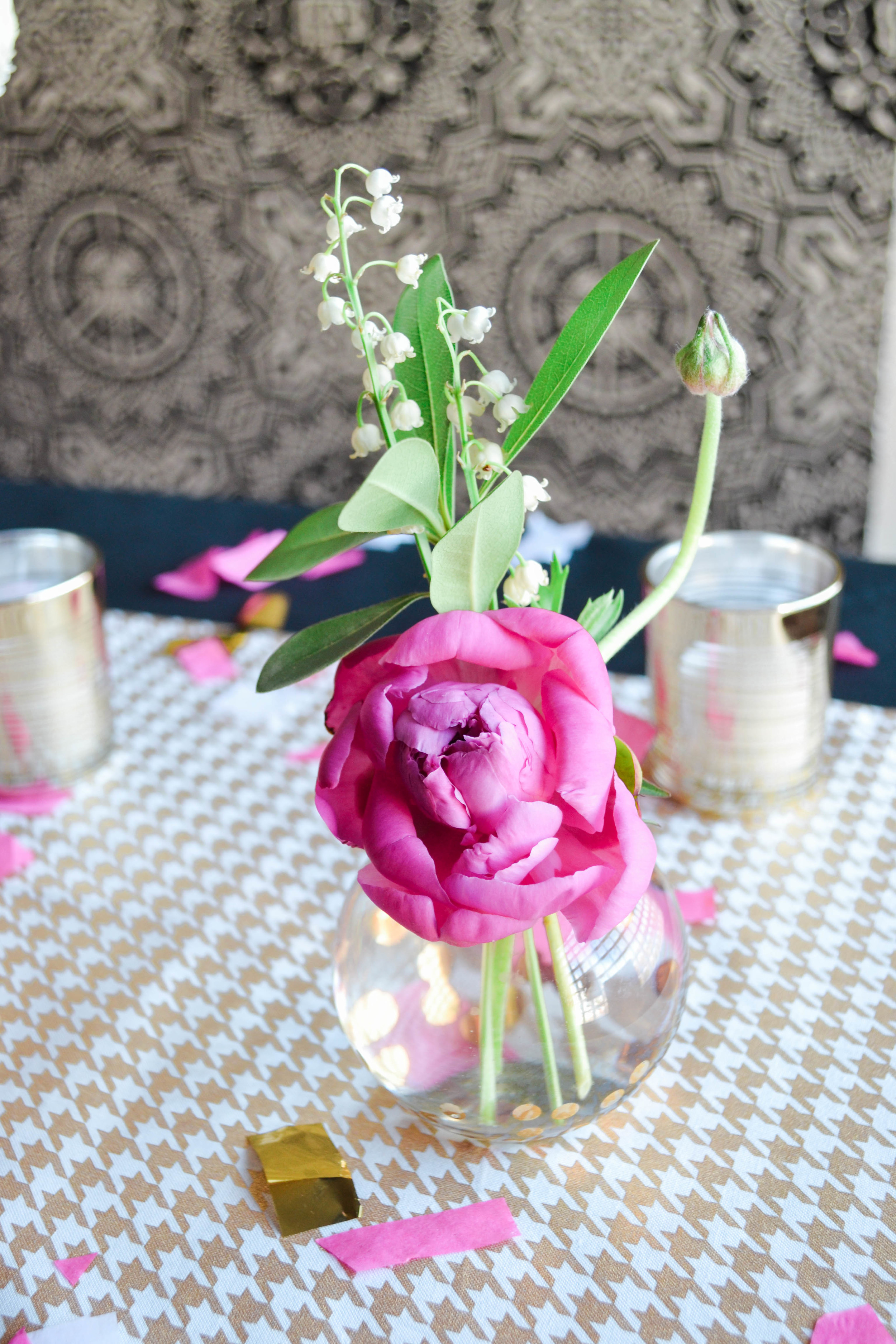 Pink radunculus bud vase arrangement.  Rosehip Social, Brooklyn, NY.