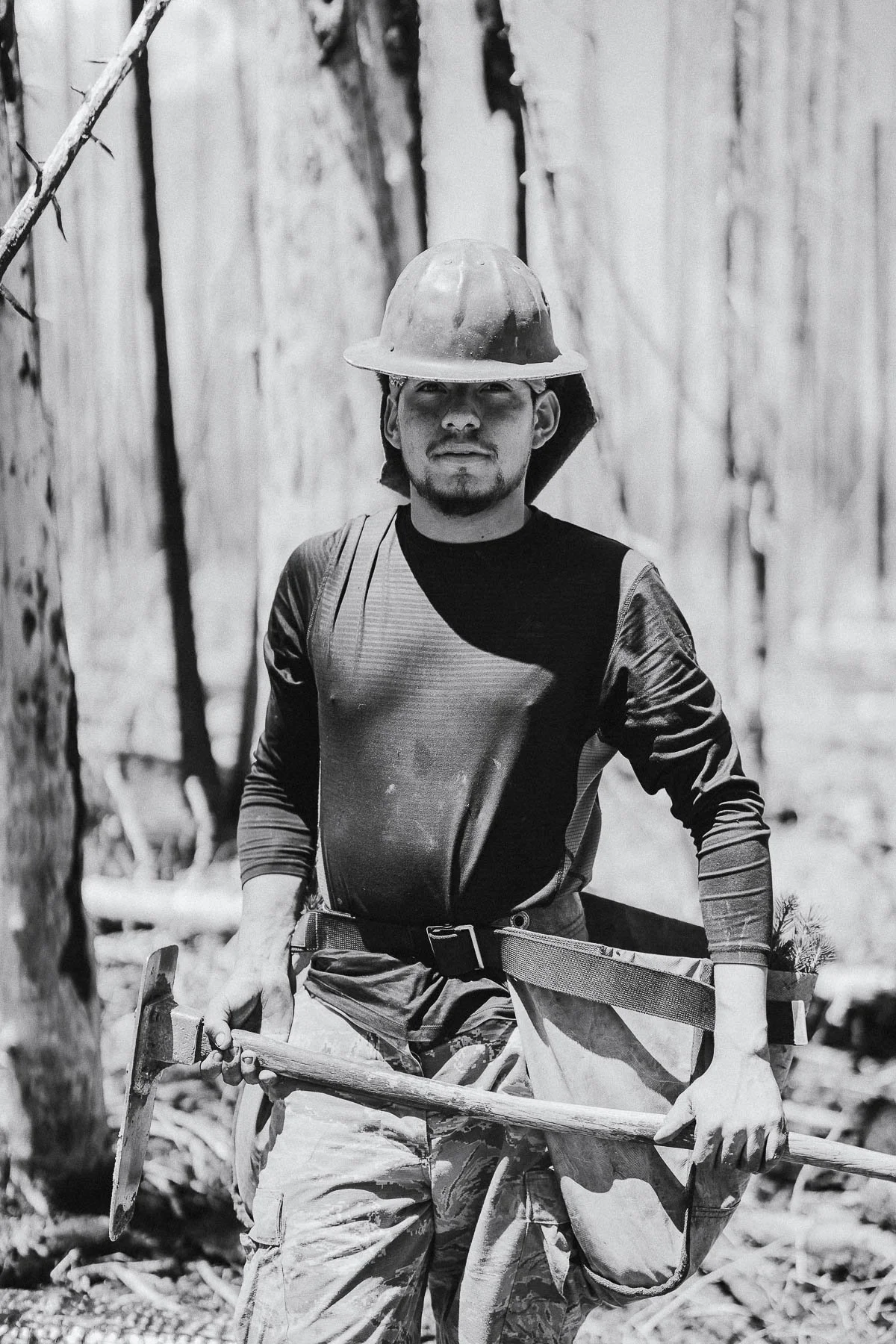 A man wearing a safety helmet and work gloves, holding a pickaxe, standing outdoors among logs and trees, with a background of a wooden tree trunk wall.