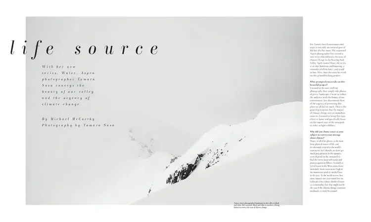 Title page of a publication titled 'life source' with a snowy mountain landscape in black and white, includes text about a photography project by Tamara Susa on water and climate change.