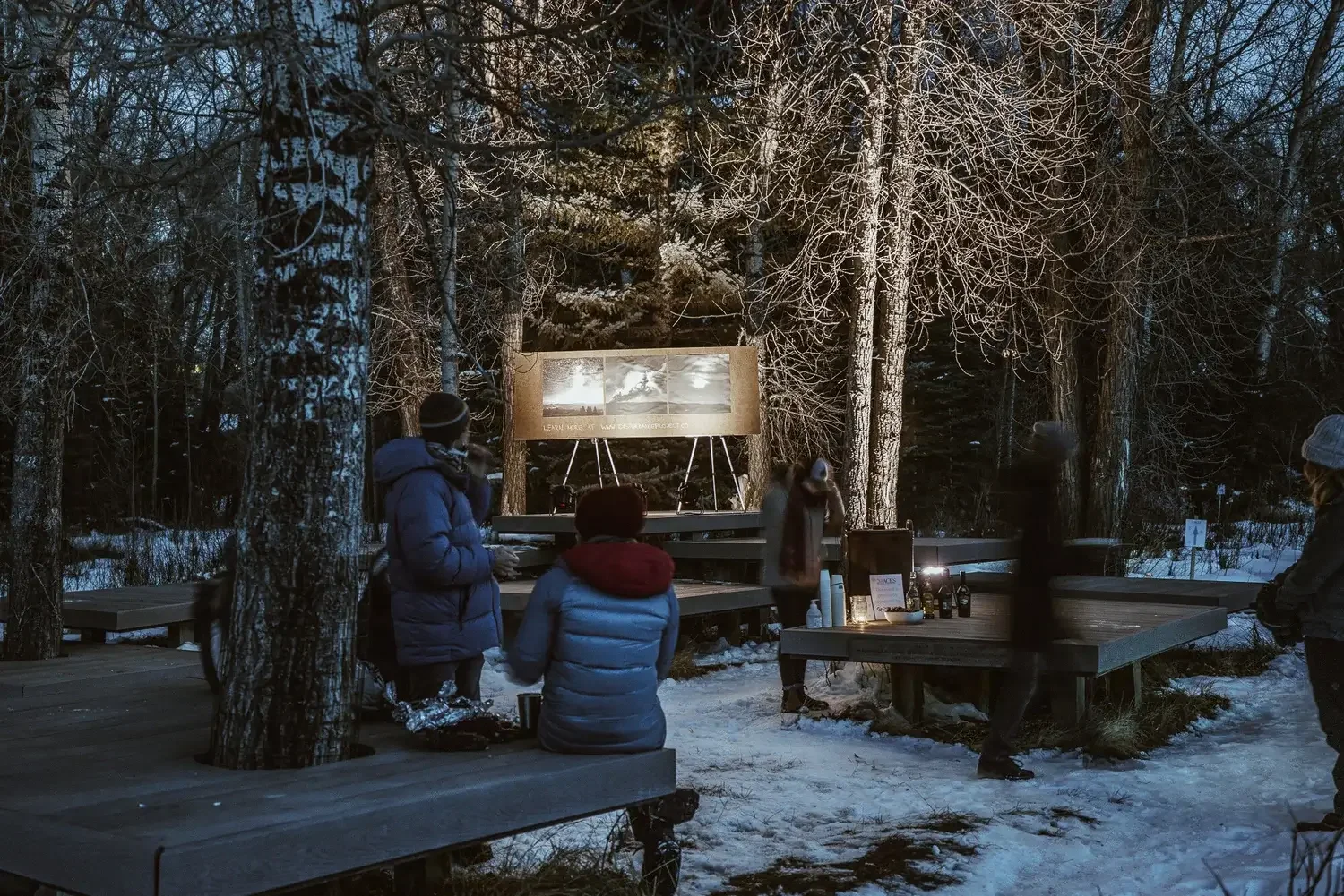 People watching a film outdoors in a forested winter setting at night with snow on the ground, illuminated by ambient lighting.
