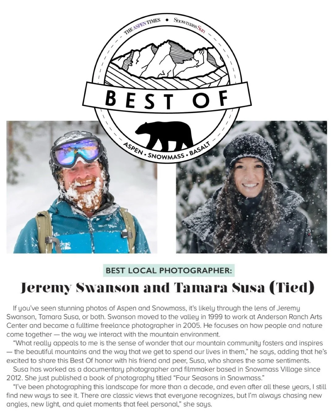 A huge thank you to our community and everyone who voted in @aspentimes Best Of Awards 💜 What an honor to share this win with @jswansonphoto ! Jeremy has been a huge inspiration even since I moved here, and I&rsquo;ve always admired the work he puts