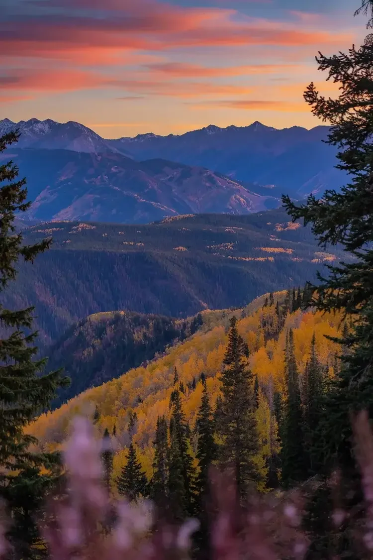 Scenic mountain landscape during sunset with colorful sky, snow-capped peaks, and a forest with yellow and green trees in autumn.
