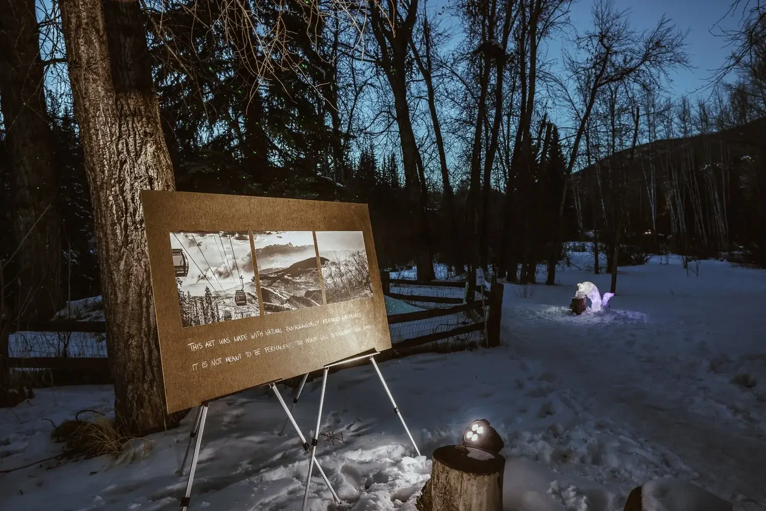 Snow-covered outdoor art display at dusk featuring a brown board with black and white images of cable cars and mountains, illuminated by a small spotlight, next to a decorated snow sculpture in a wooded area.