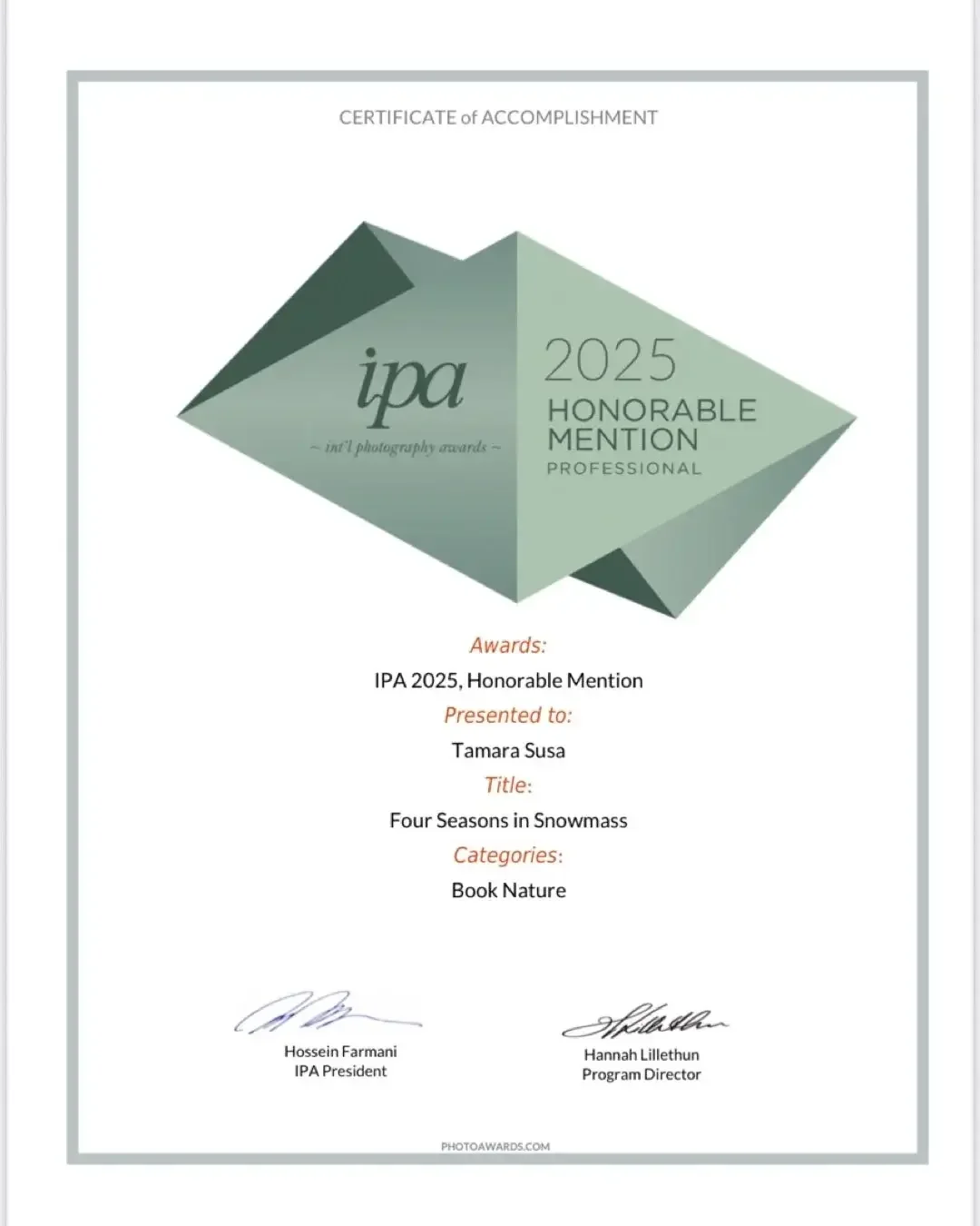 Tamara Susa IPA Honorable Mention award certificate