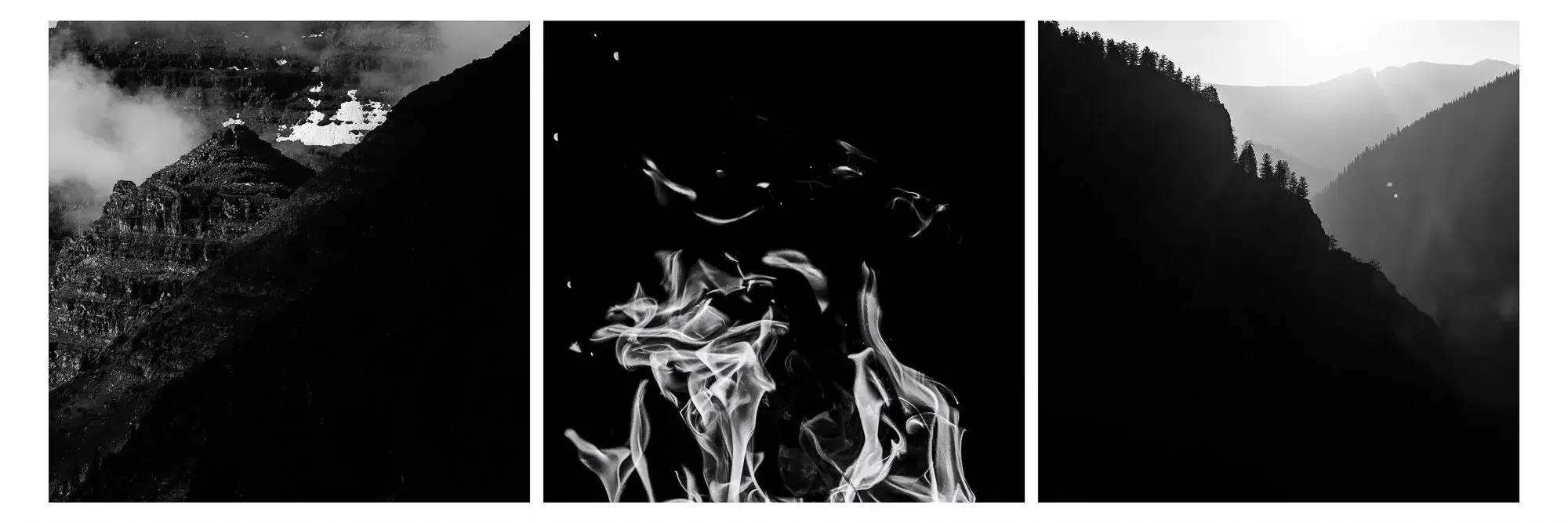 Three black and white photographs: mountain range with snow on peaks, close-up of textured cracked wood, flowing water with blurred motion.

