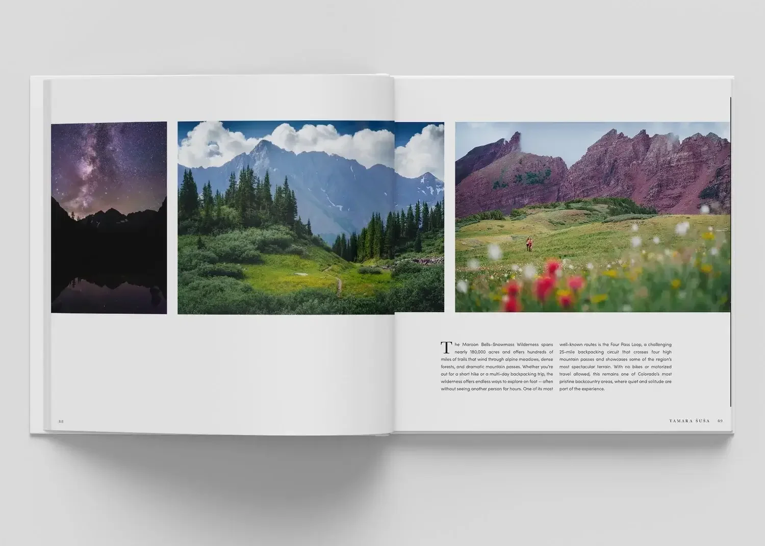 Open magazine showing three nature landscape photographs: a starry night over mountains, a green mountain meadow with trees, and a colorful wildflower field with mountains in the background.