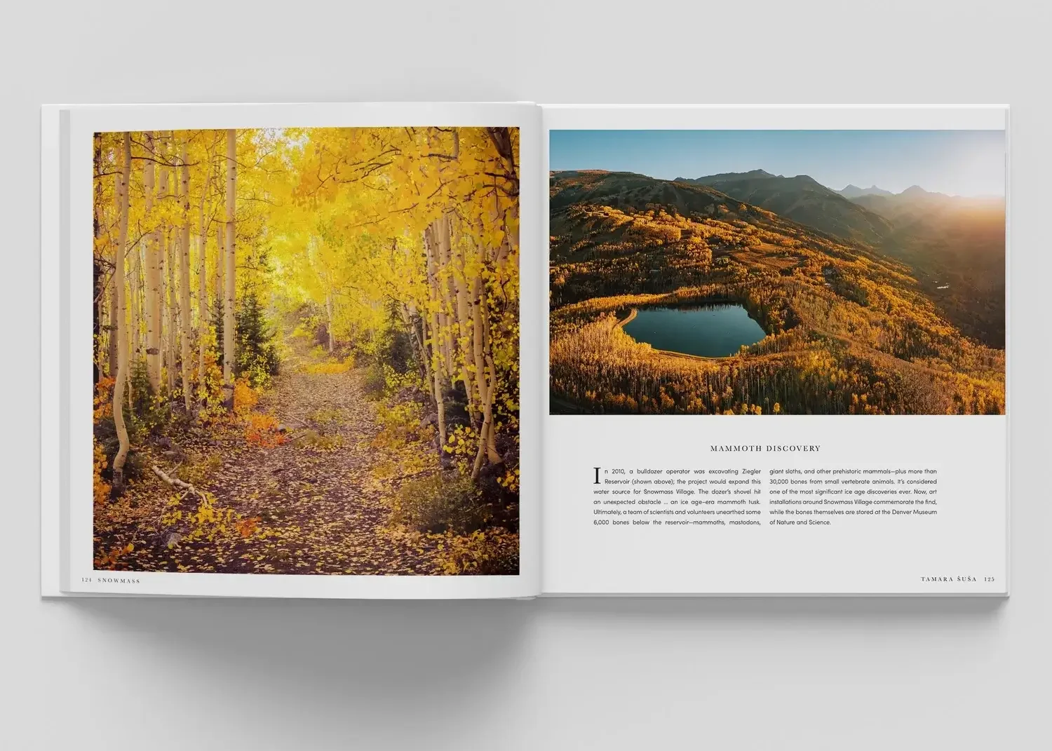 Open book showing two landscape photographs: the left page features a forest trail surrounded by yellow and orange autumn trees, and the right page shows an aerial view of a mountainous area with a small lake and autumn-colored trees, under a clear s
