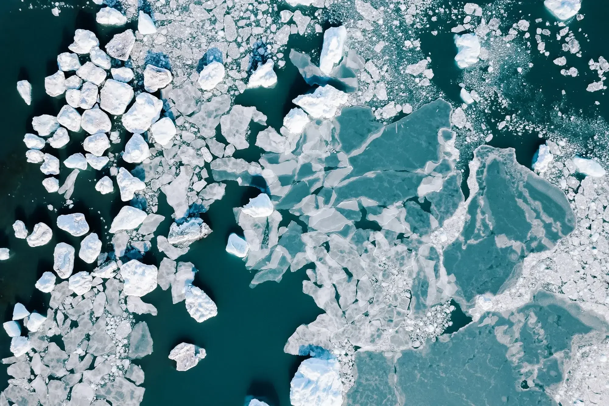 Aerial view of floating icebergs and ice chunks on dark blue ocean water.