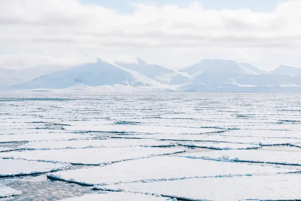 Snow-covered ice and distant mountains under cloudy sky in a polar landscape.
