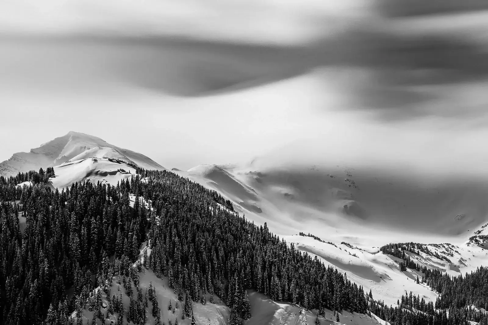 Snow-covered mountain range with dense pine trees and dramatic cloud cover in black and white.