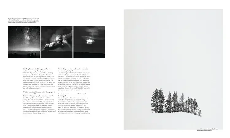 A black and white outdoor landscape featuring a group of evergreen trees in the snow, with a caption about snow as a precious commodity.