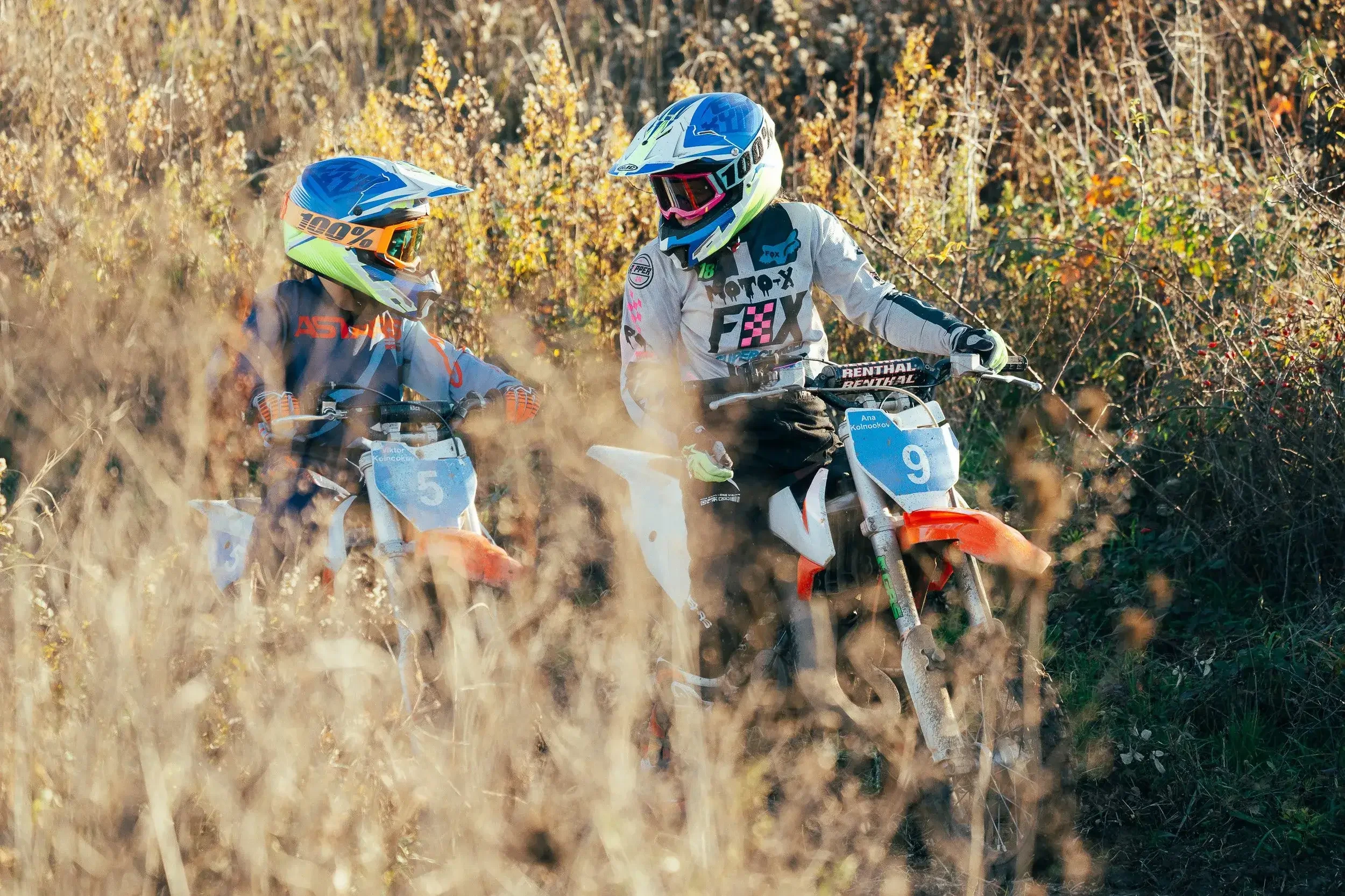 Two motocross riders in protective gear riding through tall dry grass and bushes in a natural outdoor setting.
