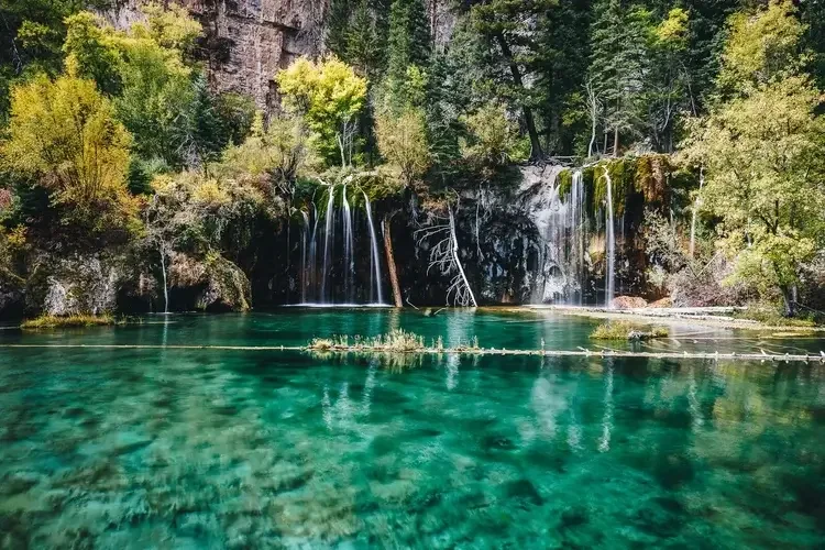 A serene scene of a waterfall cascading into a clear, turquoise lake surrounded by lush green trees and foliage in a forest.
