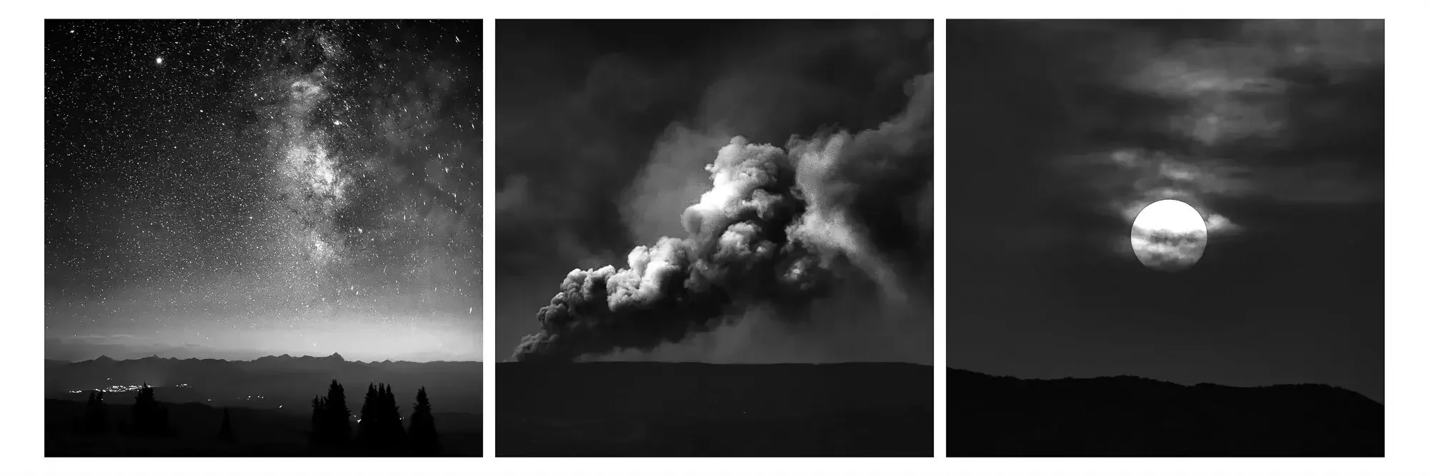 Black and white triptych of different skies: left shows a starry night sky with the Milky Way above mountain silhouettes, middle depicts a smoky volcano with ash clouds, right features a moon behind clouds over a mountain horizon.