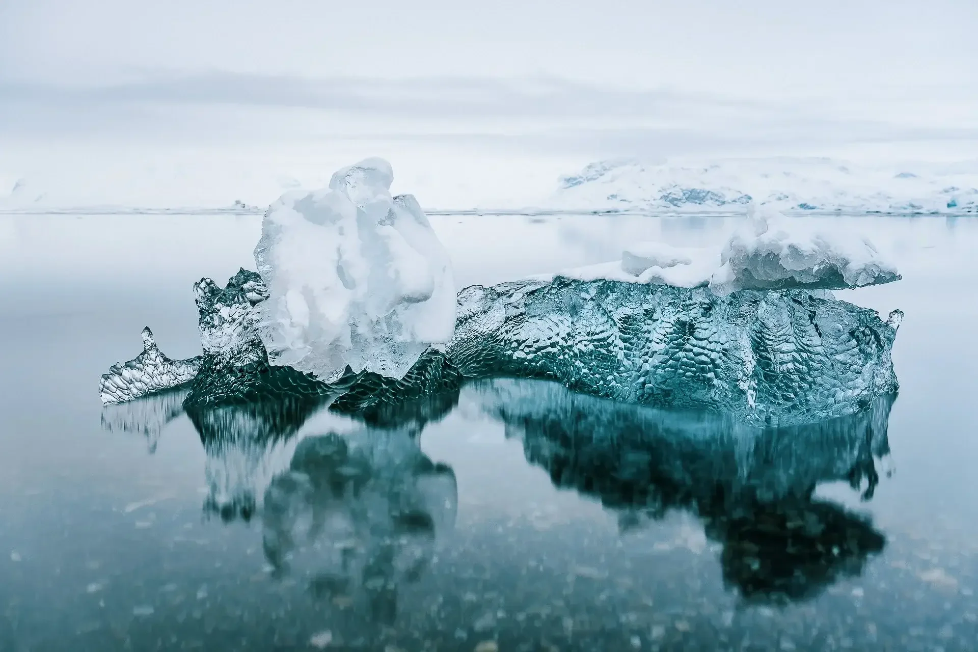 Iceberg floating in calm Arctic water with snow-covered mountains in the background.