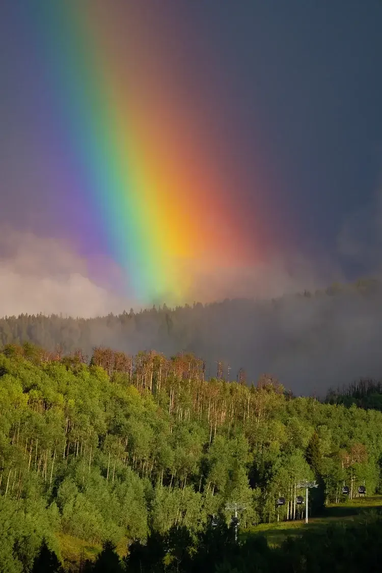 Rainbow over a green hillside with trees and ski lift chairs, under a cloudy sky.

