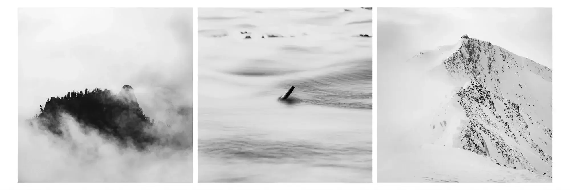Triptych of black-and-white photographs showing mountain landscapes and snow-covered terrain, with misty clouds around the peaks and a partially submerged object in water.
