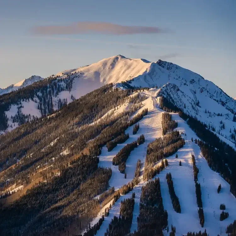 Snow-covered mountain with ski slopes and pine trees in a winter landscape at sunset.
