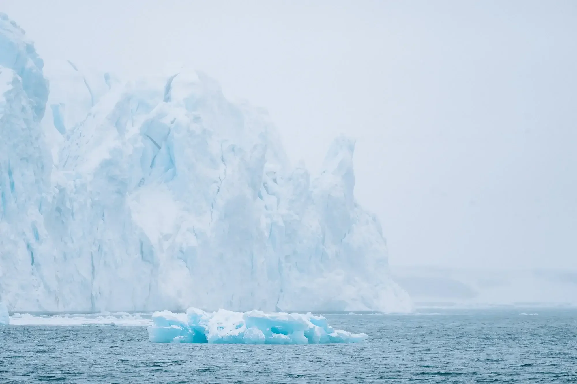 Large ice glacier towering above the ocean with floating ice chunks in the water, in a cold, foggy environment.