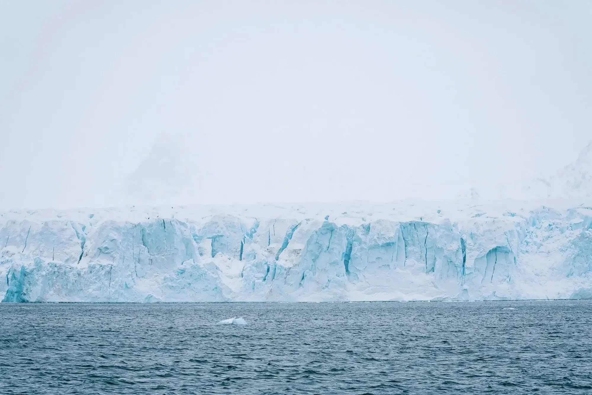 Large icy glacier with blue and white ice flowing into the ocean, surrounded by foggy and overcast sky.