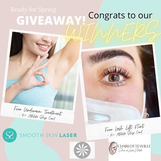 CONGRATULATIONS TO OUR 2 WINNERS! 🍀 
@hwilliams_5 is the WINNER of the $100 Lash Lift &amp; Tint + $50 Athleta Gift Card from @cvilleskinandlash !!!!
@coll_norair is the WINNER $200 Underarm Laser Treatment +$50 Athleta Gift Card from @smoothskincvi