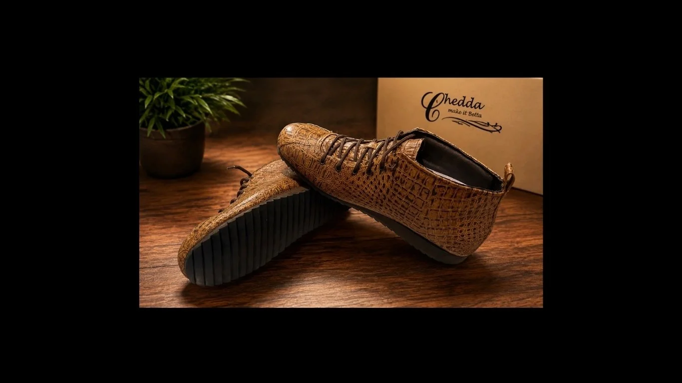 Brown crocodile-patterned leather shoes placed on a wooden surface with a potted green plant and a beige box labeled 'Chedda.'