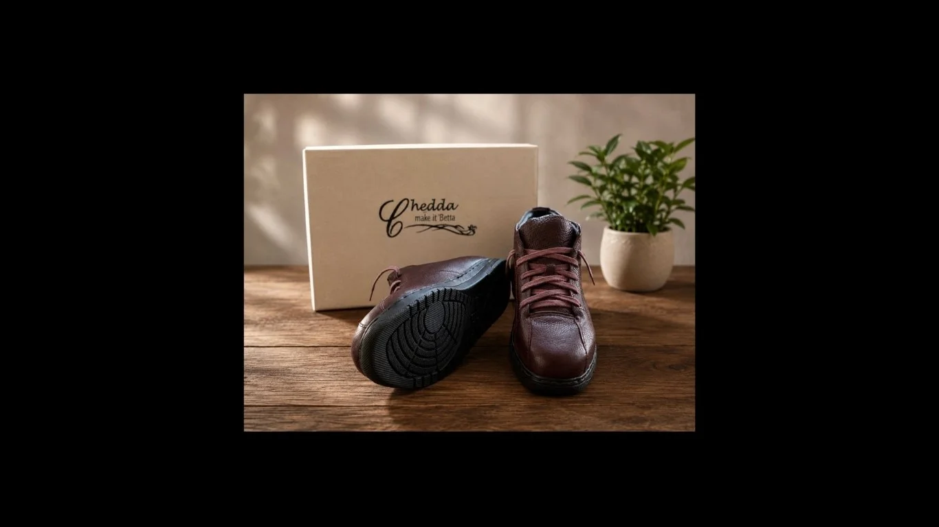 Brown leather shoes on a wooden surface with a beige shoe box labeled 'Chedda' and a potted green plant in the background.