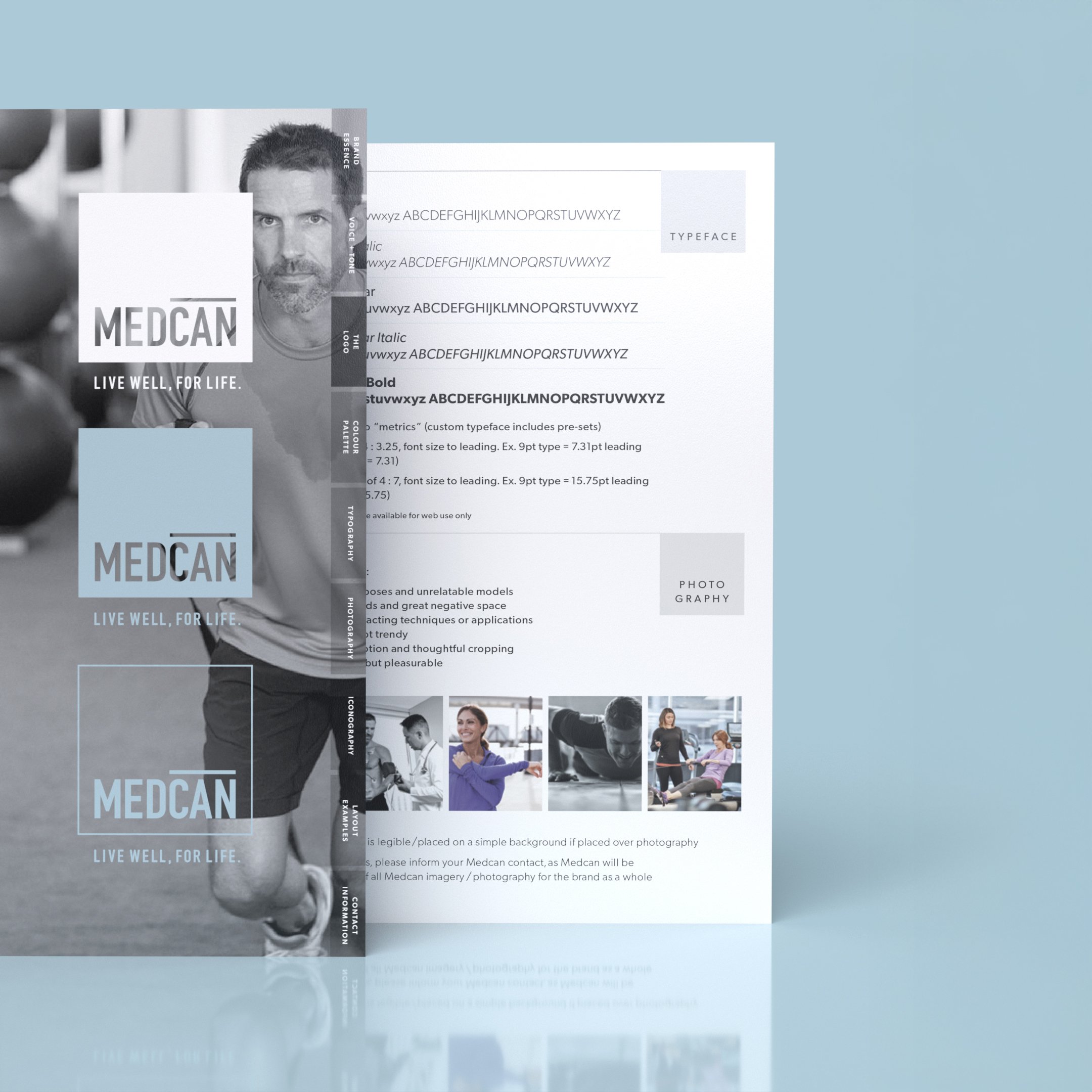 A blue background with a digital overlay featuring a healthcare professional, text reading 'MEDCAN, LIVE WELL, FOR LIFE,' and images of people exercising and receiving healthcare.