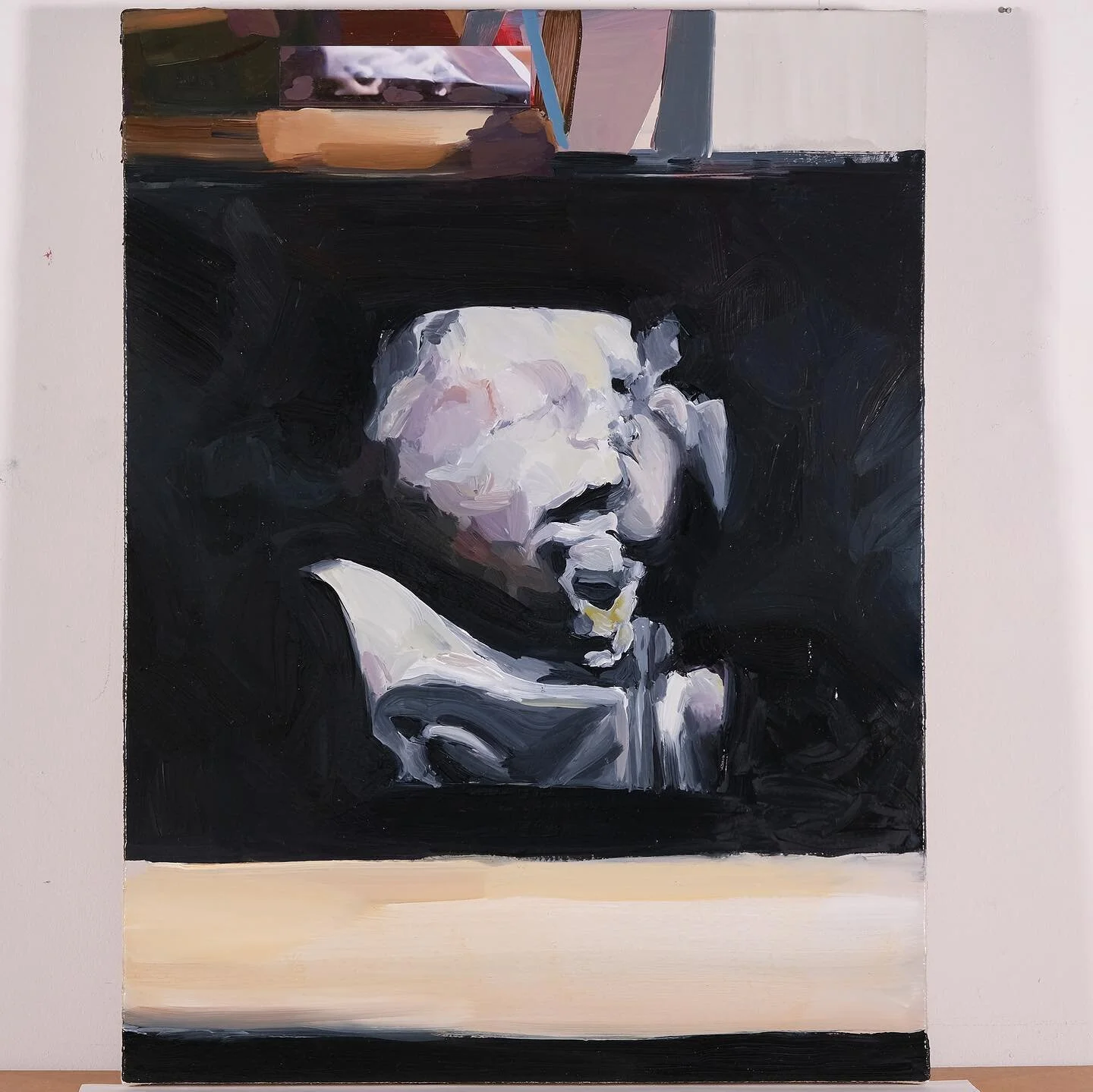 From an in utero 3D ultrasound of my friend&rsquo;s son Sire who&rsquo;s now in school already.

The indirect scientific way that visuals are captured and the weird light in the monochrome render fits my penchant for painting real things in an abstra