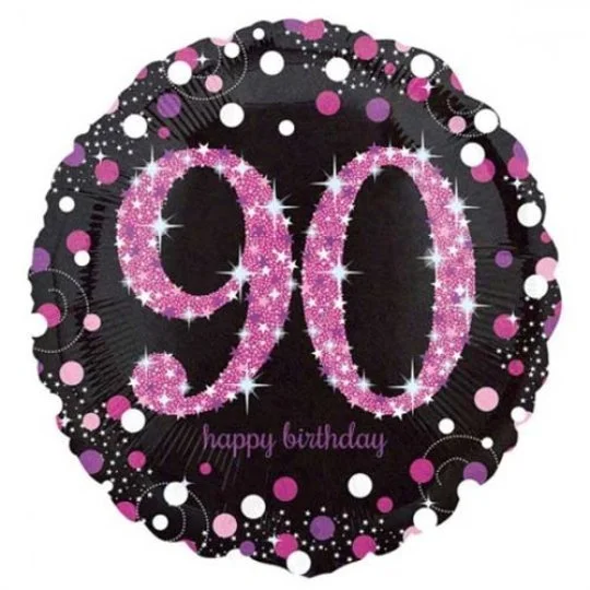 Black & Pink 90th Sparkling Birthday Inflated Helium Balloon