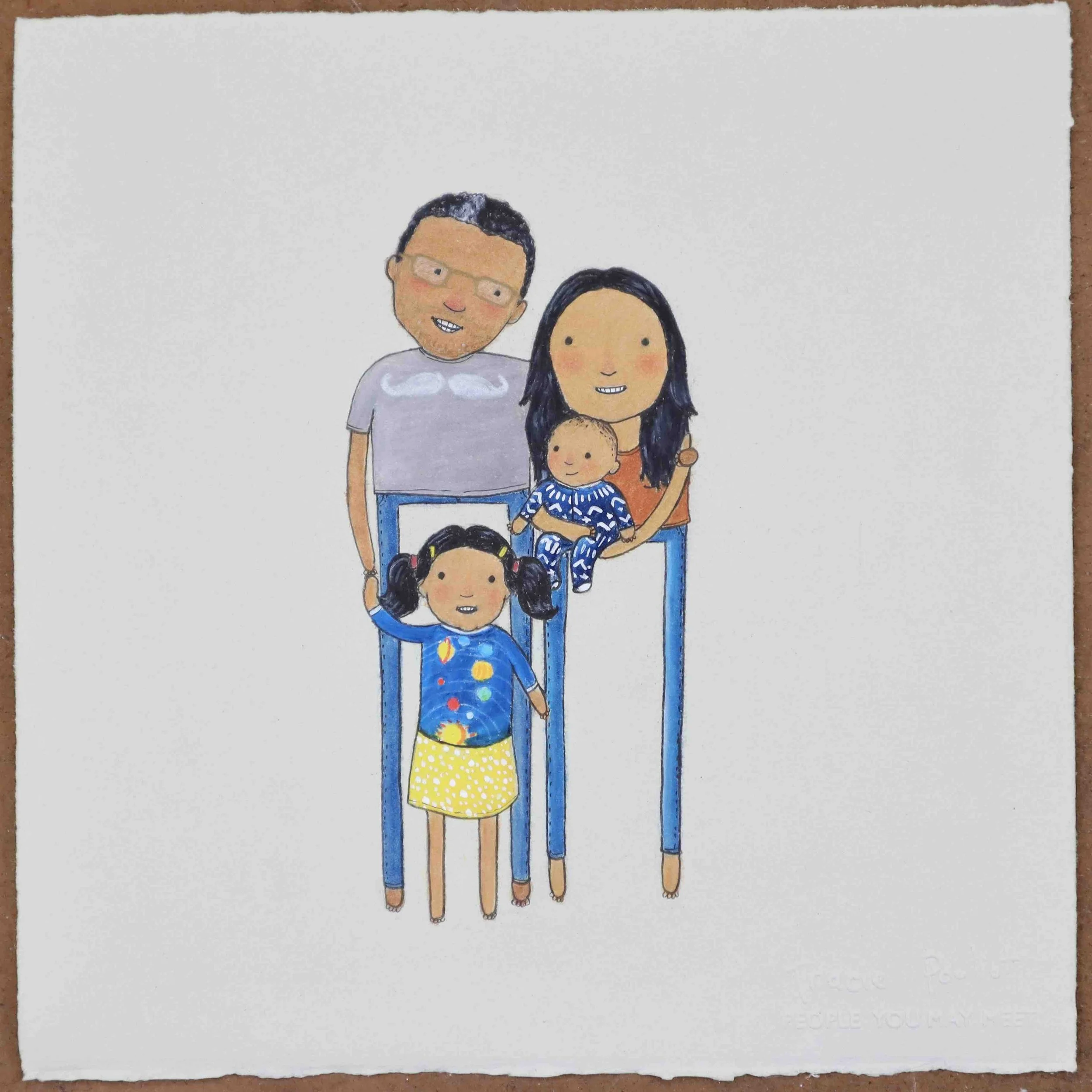 custom hand drawn portrait of family of four