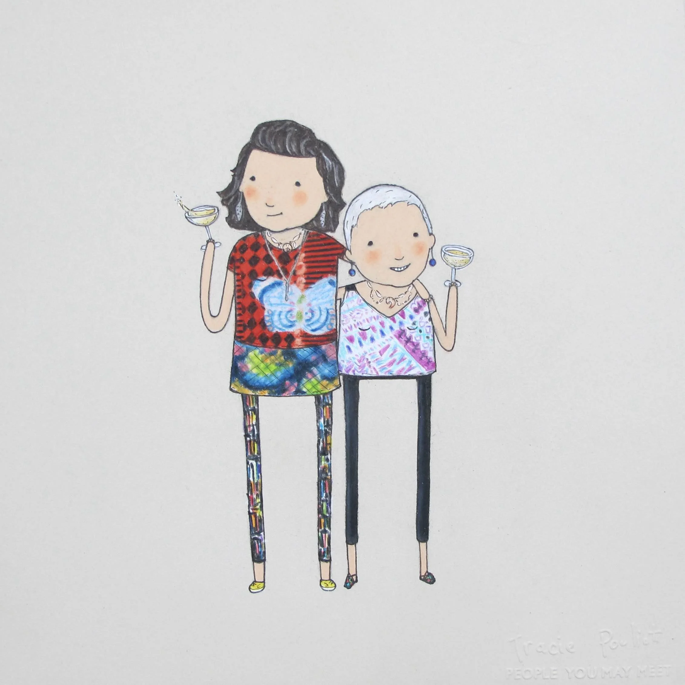 mother and adult daughter drinking cocktails in colorful outfits