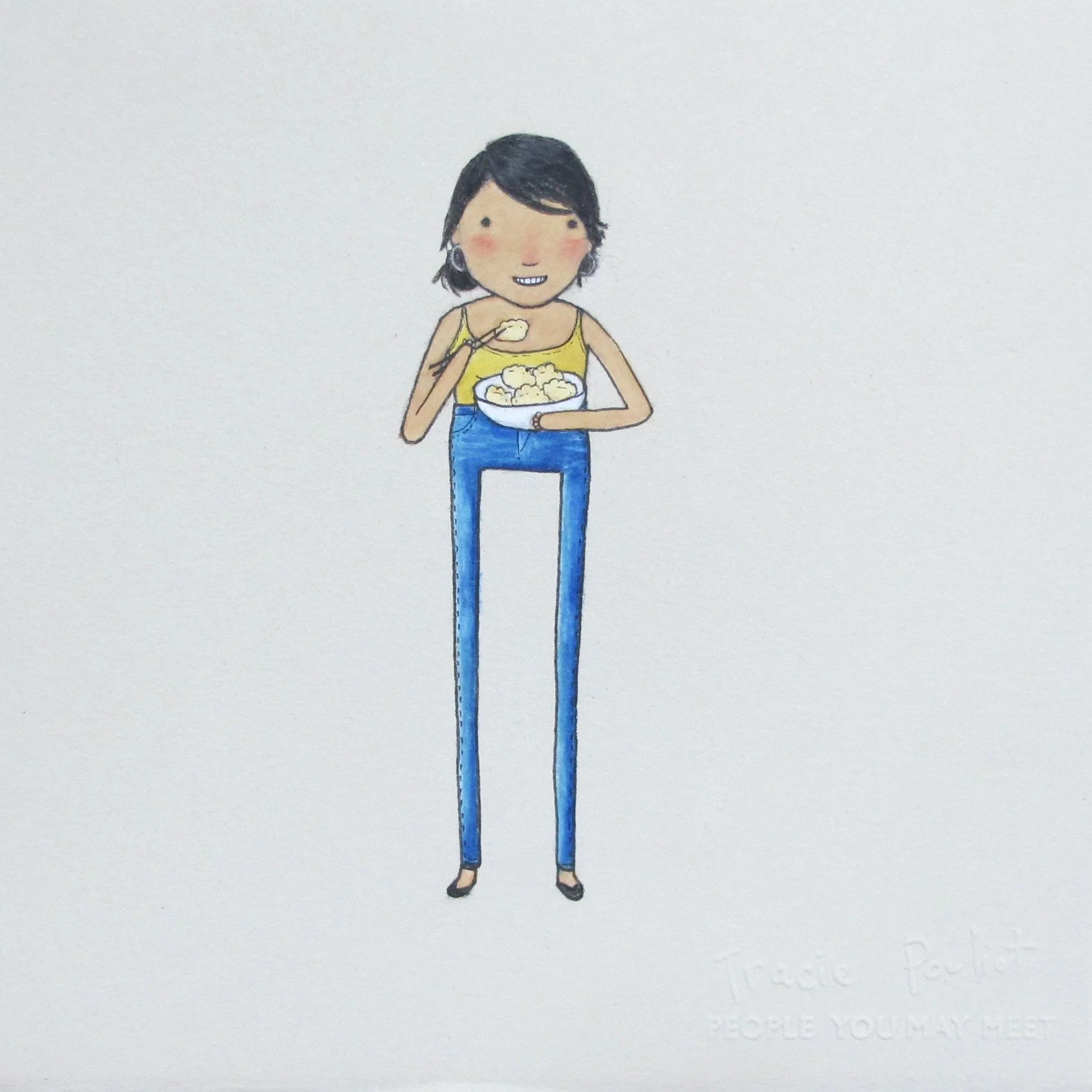 drawing of girl eating dumplings 