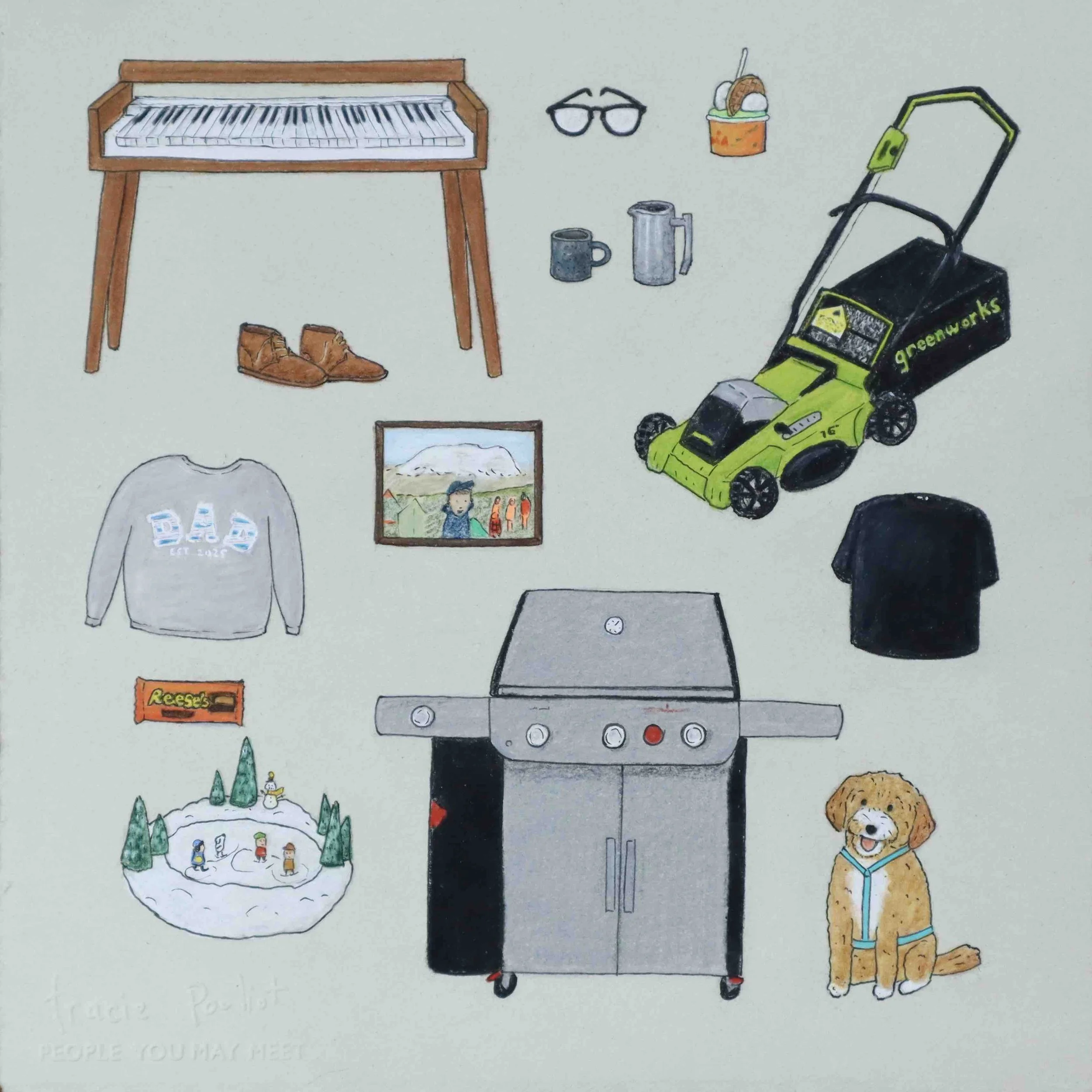 favorite things drawing including keyboard, lawn mower and grill