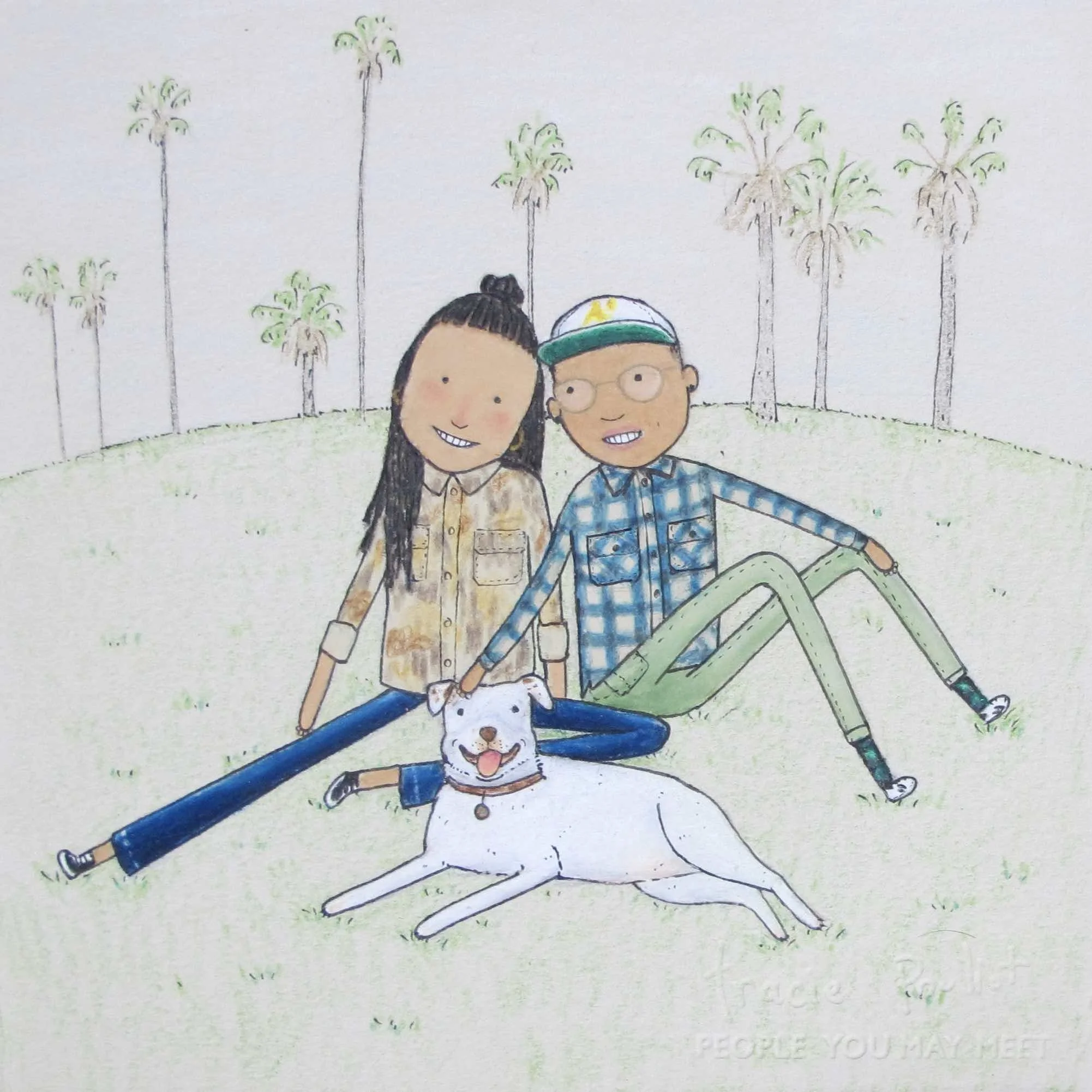 cute queer couple sitting with their dog and smiling