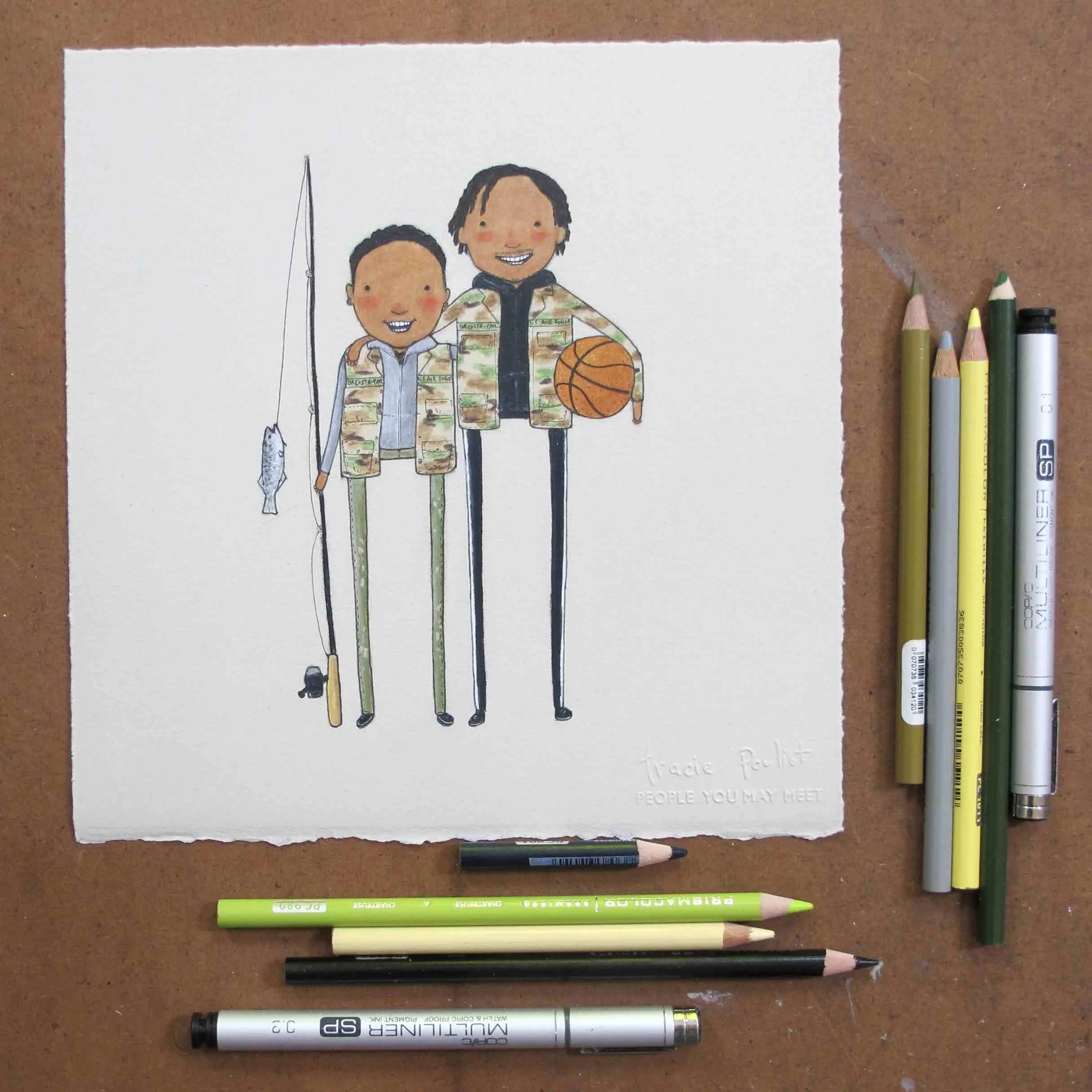 Black mother and adult son fishing with camo clothing