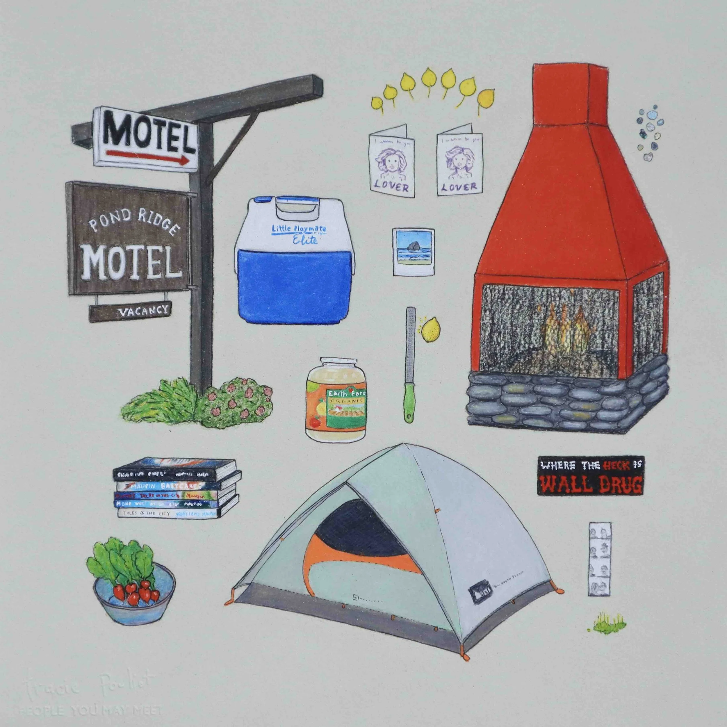 favorite things drawing including hotel sign, tent, books and foods