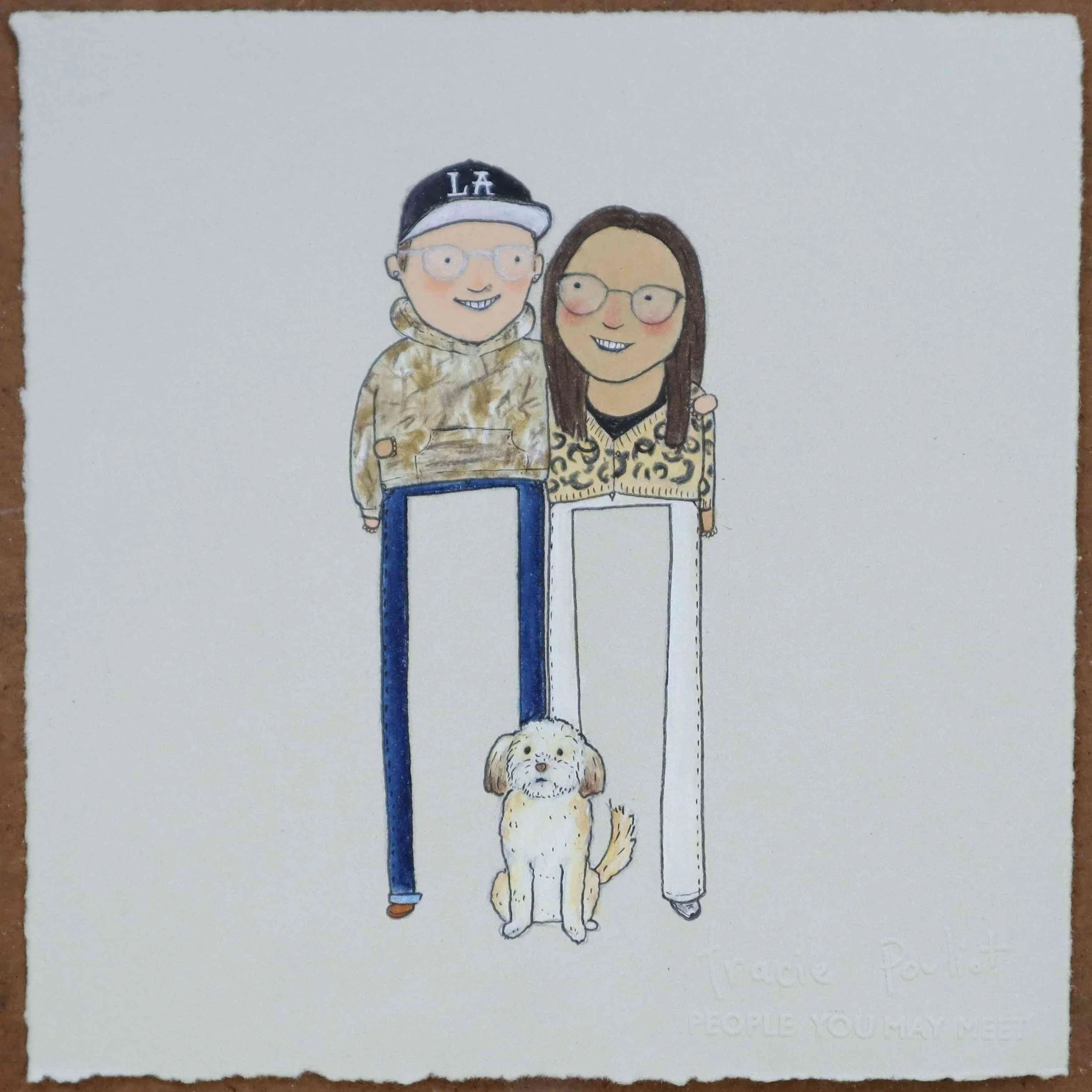 custom portrait of cute couple in tan clothes with their dog