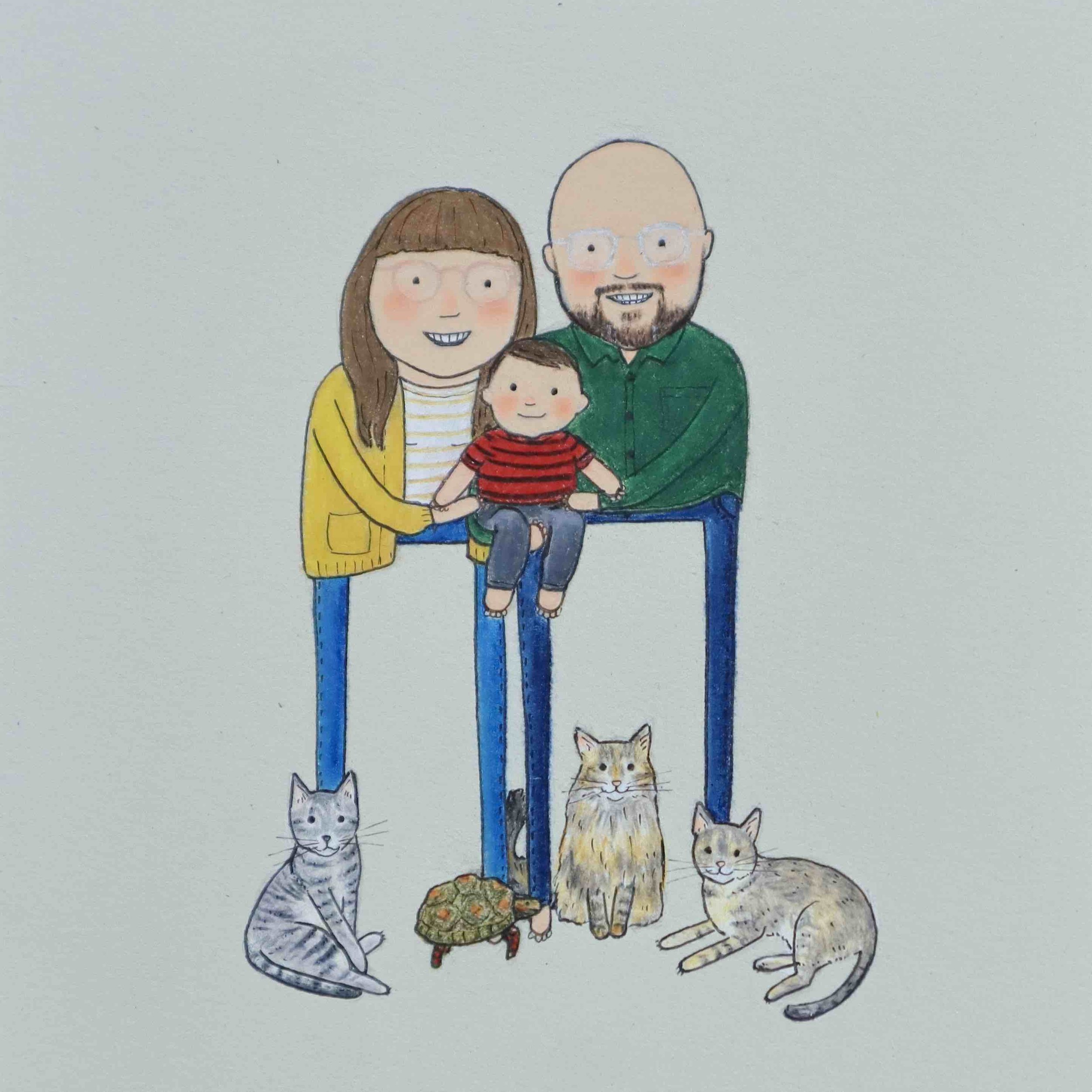 custom drawing of family with pets