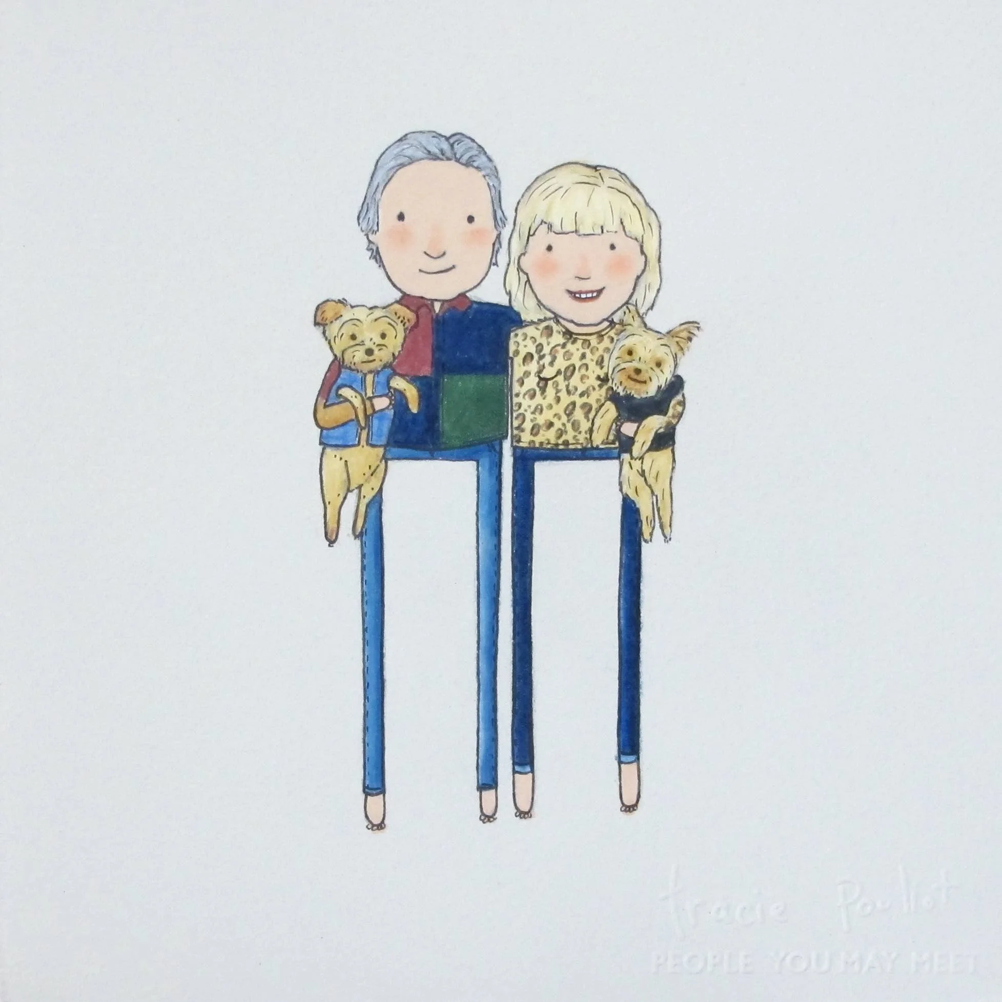 drawing of older couple holding small dogs