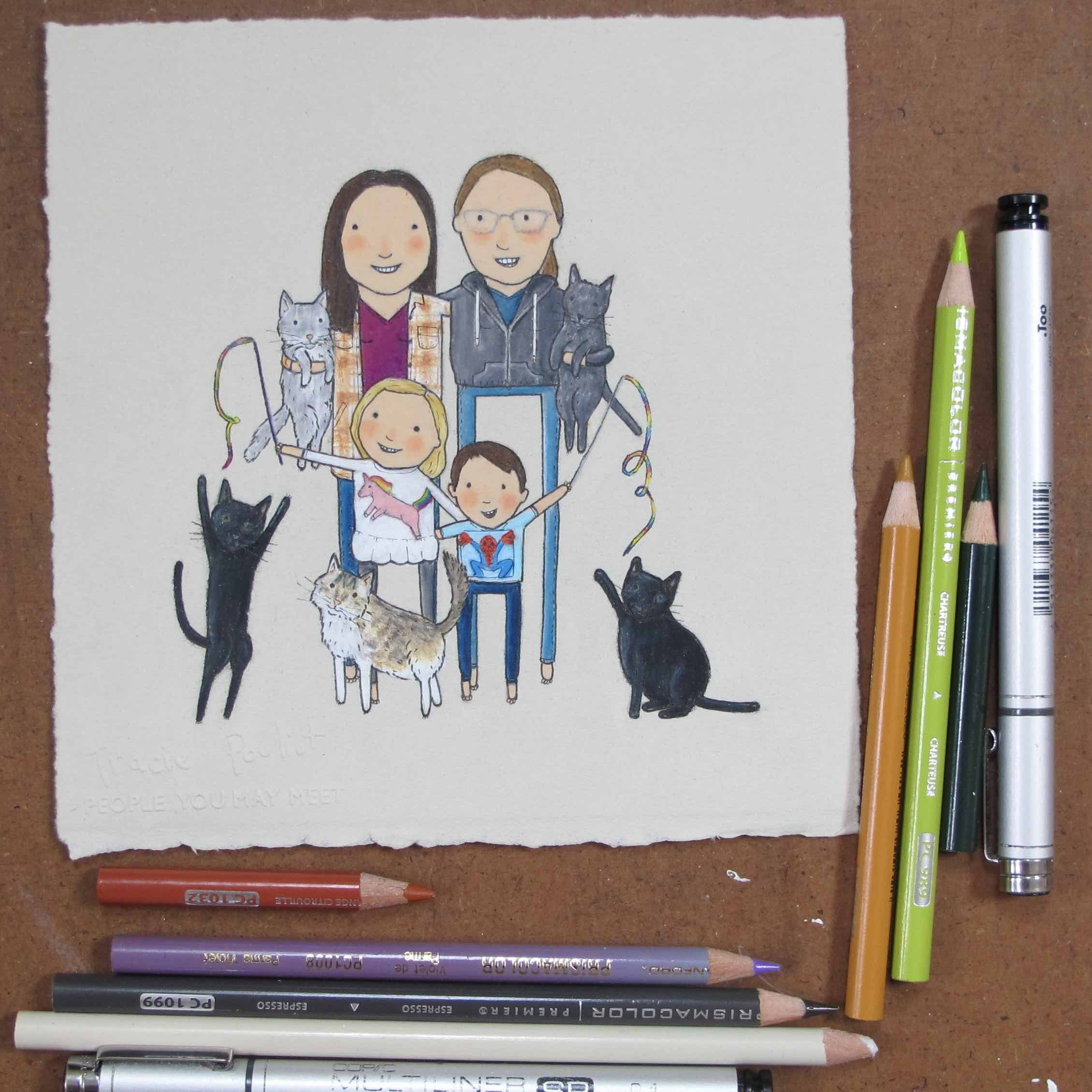 family portrait with lots of cats