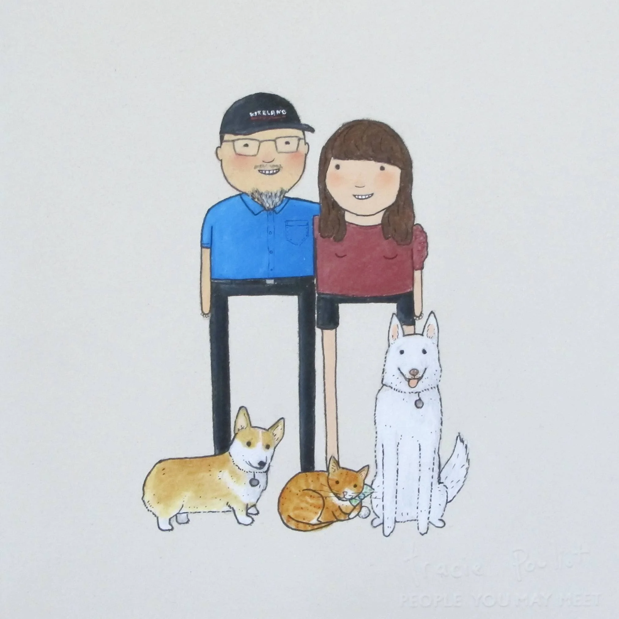 drawing of cute couple with pets
