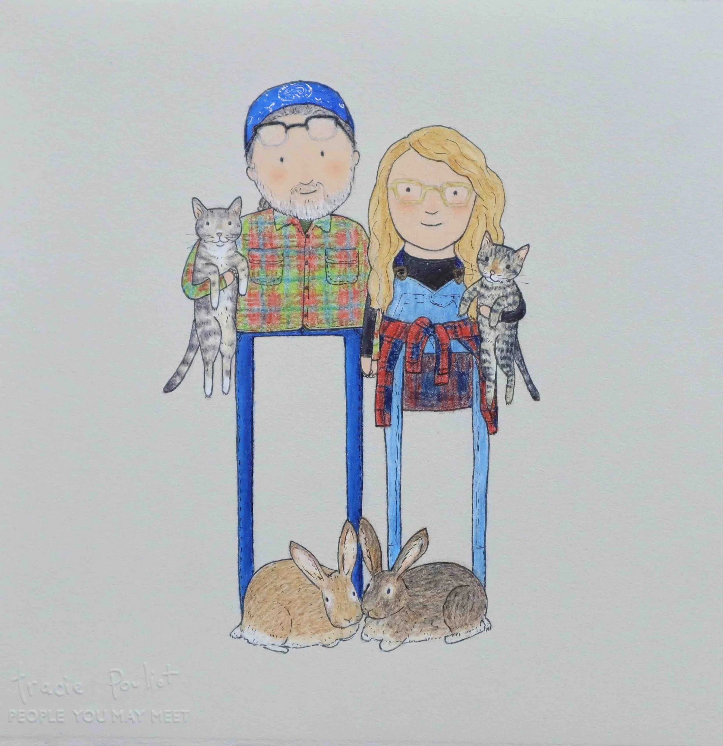 couple portrait with cats, bunnies, and plaid flannel