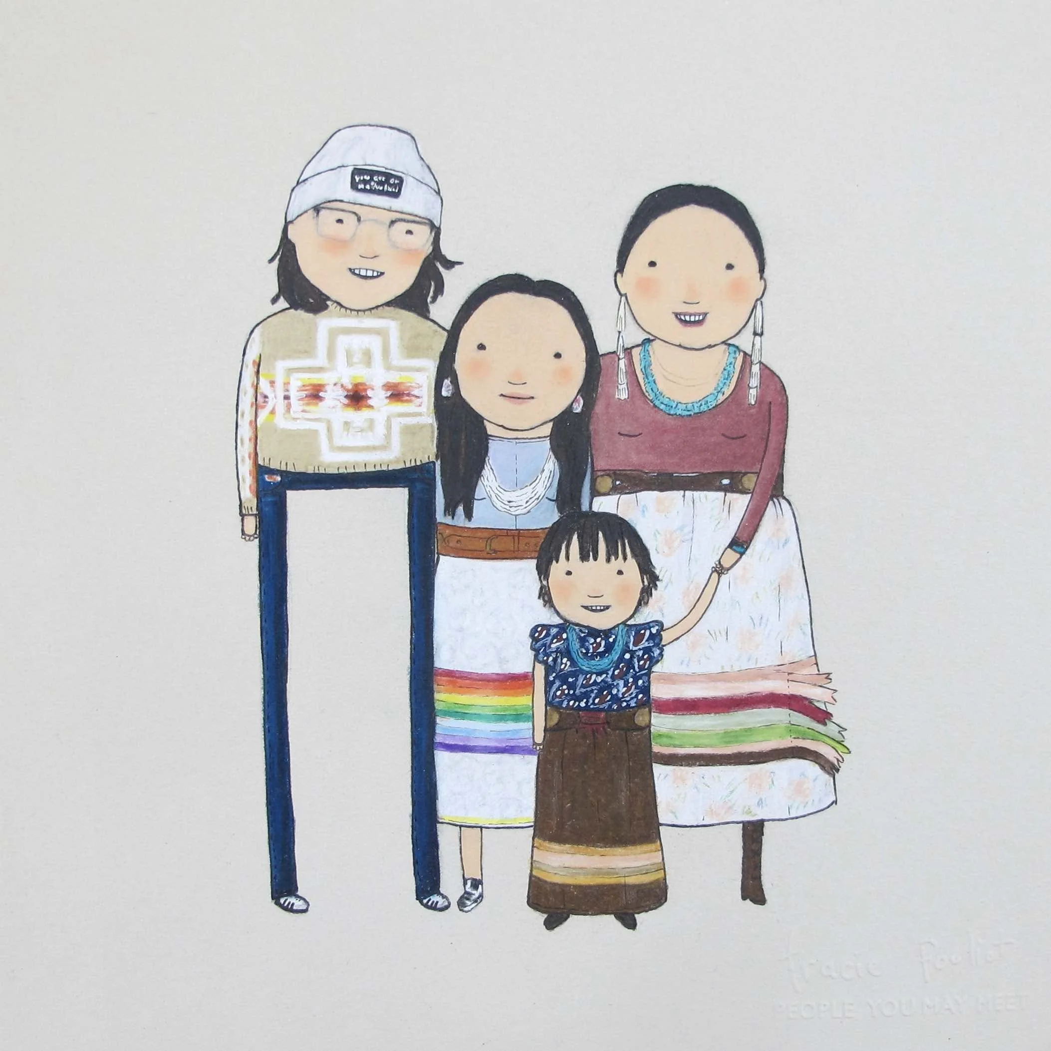 custom hand drawn portrait of a Native American family