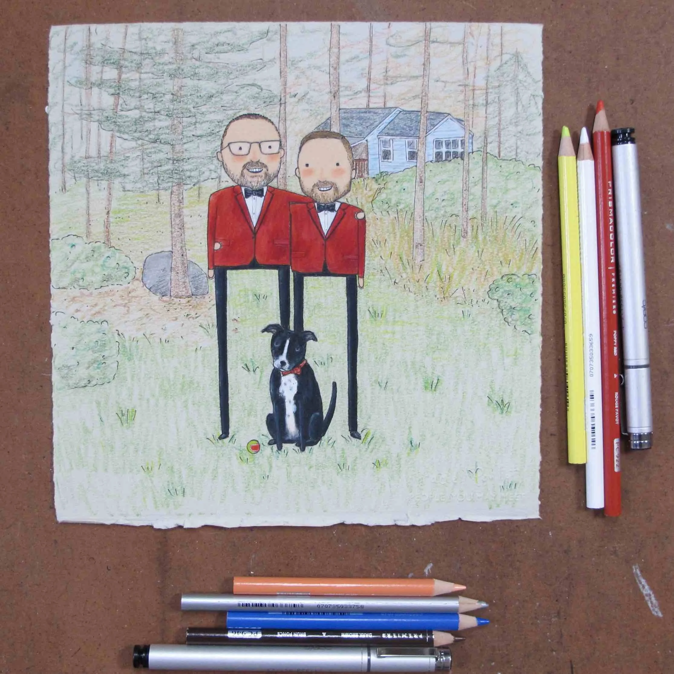 custom portrait of gay men in red suits and their house in the woods