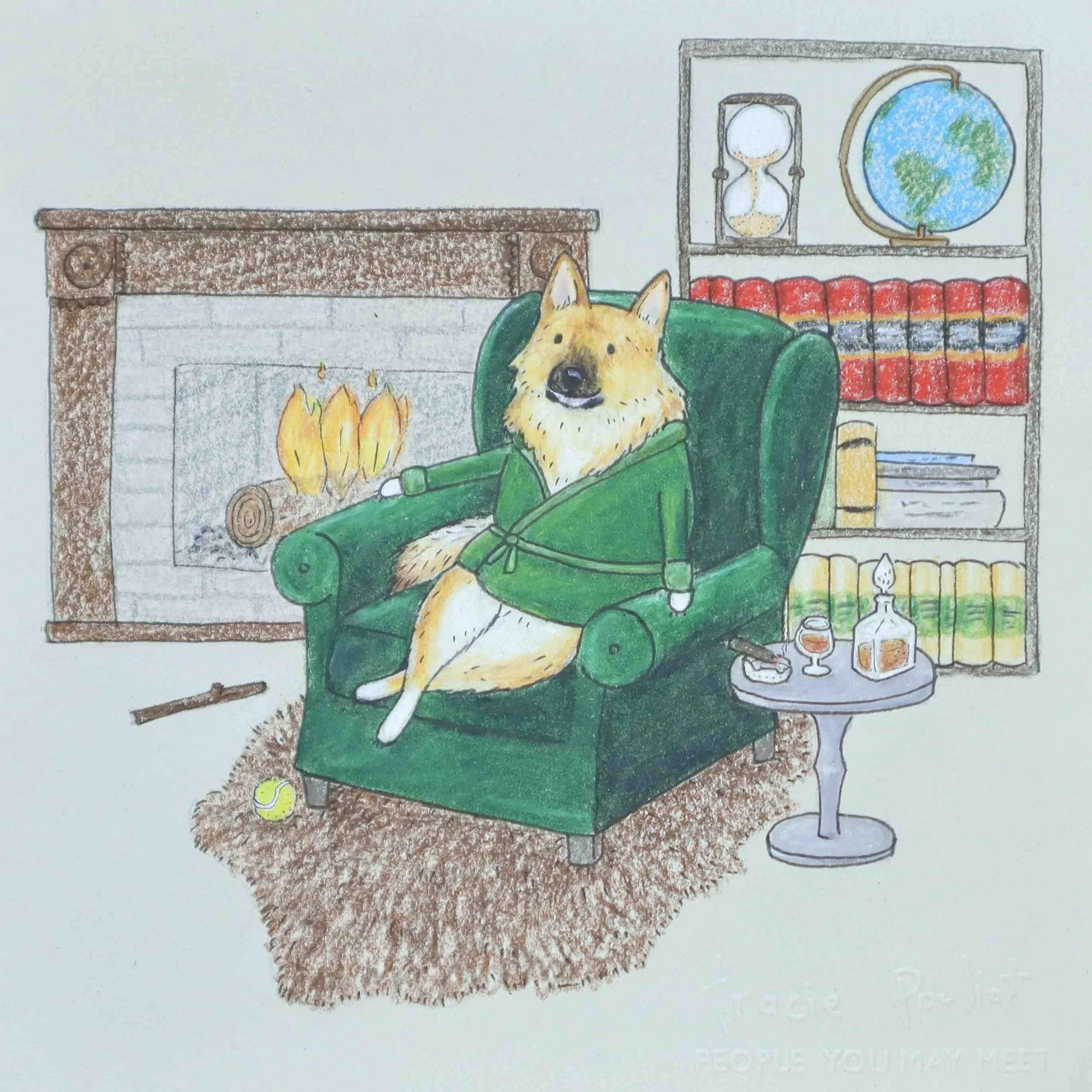 fluffy dog wearing smoking jacket in study with bourbon