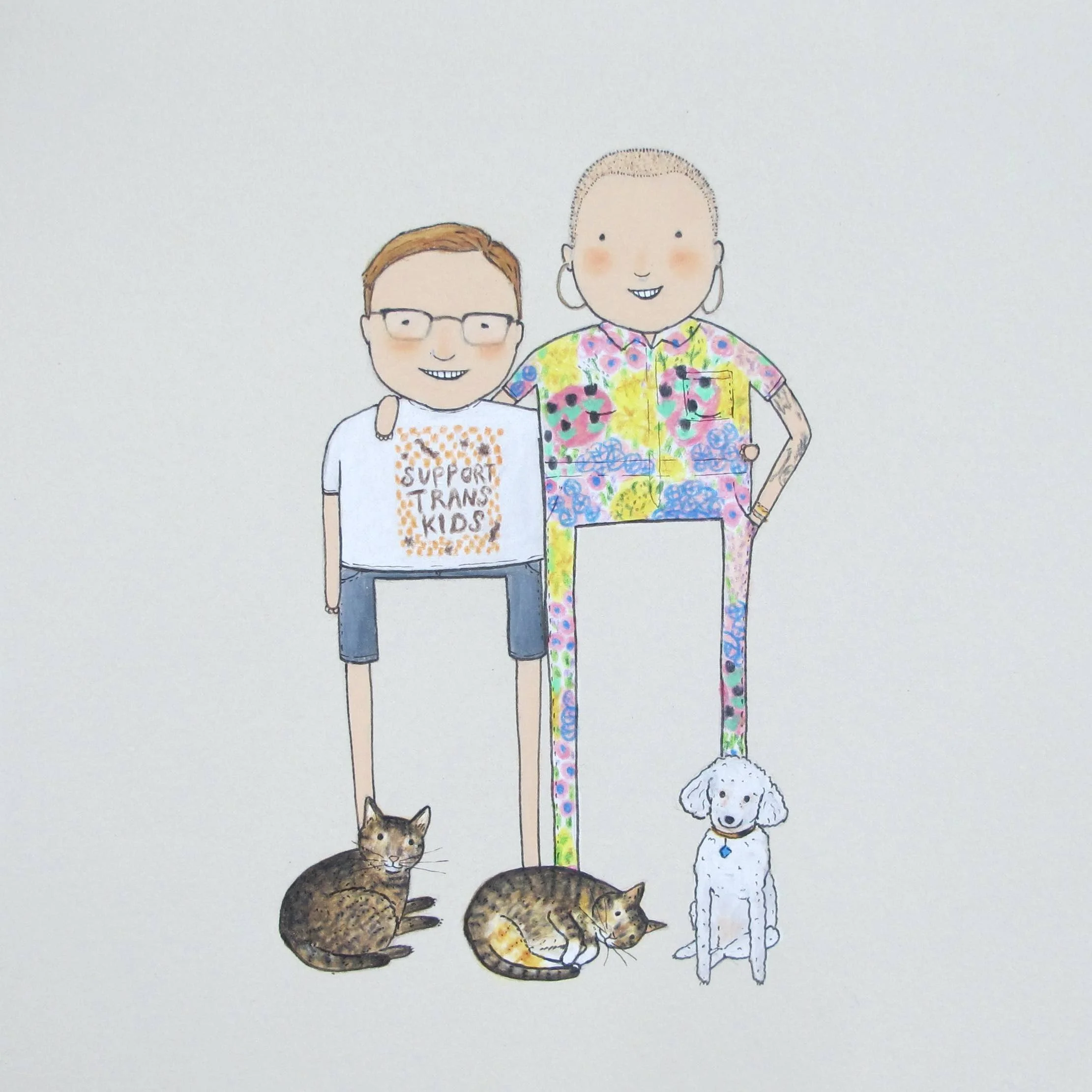 queer couple with fun outfits and pets