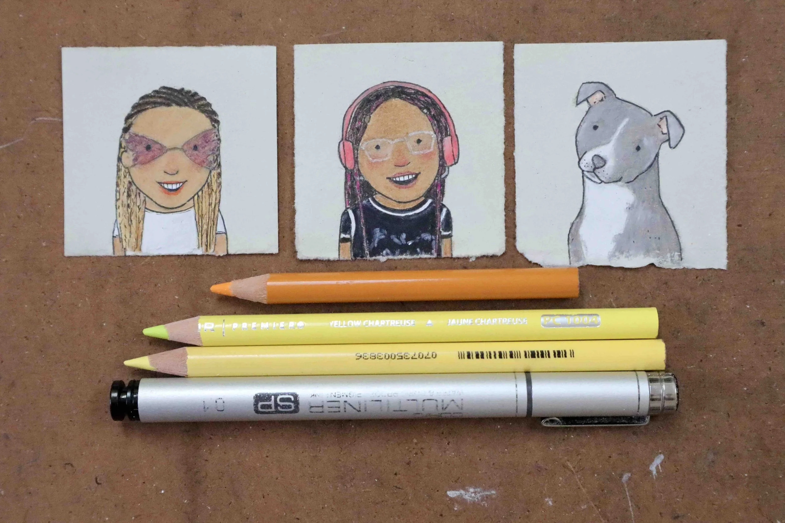 3 small portraits of mom, daughter and dog in fun sunglasses