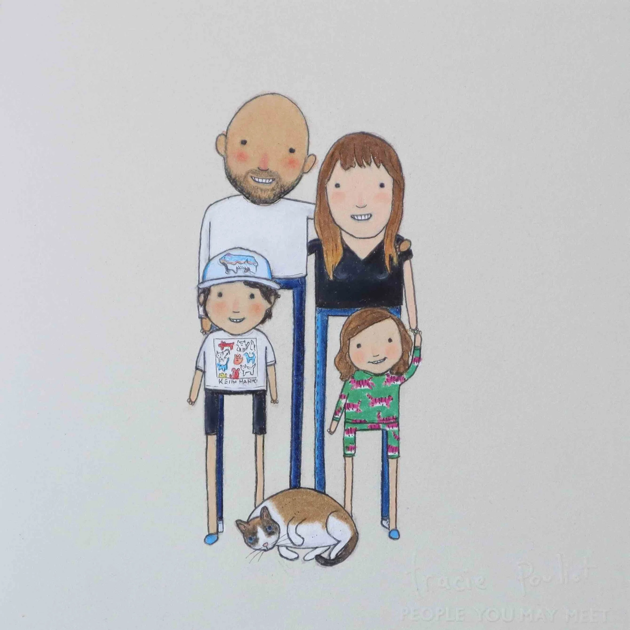 drawing of cute family of 4 and cat
