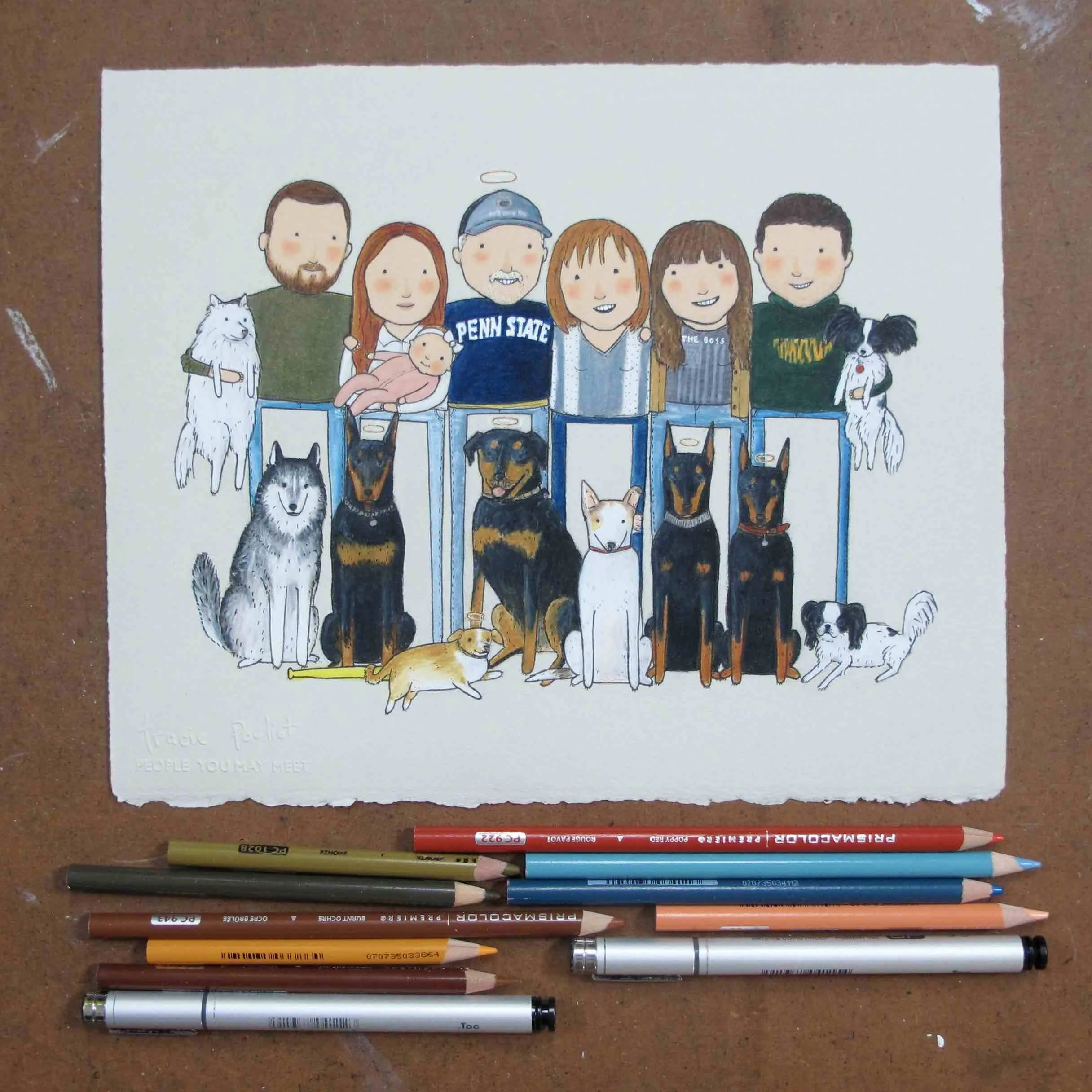 drawing of family with all the dogs they've ever had